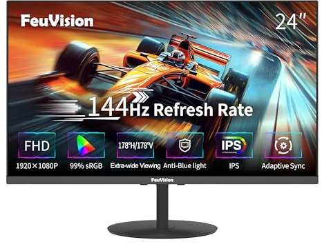 FeuVision Monitor 24inch Computer Monitor, FHD 1080p, 144Hz, IPS, Office and Gaming Monitor, 4ms Response Time, 3-Sided Frameless, Ultra Slim, VESA Mountable, Anti-Blue Light Design, HDMI, DP