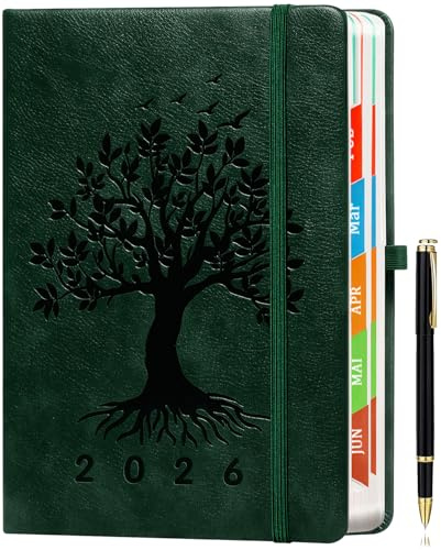 ZXHQ Kalender 2026 – Tagesplaner A5 (21,5 x 15 cm) Deutsch, 1 Tag 1 Seite Terminplaner (Jan – Dez), mit Monatsübersicht, Deutschen Feiertagen, Inspirierenden Zitaten & Innentasche - Dunkelgrün