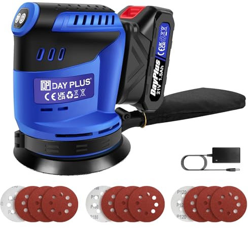 Akku Exzenterschleifer Schleifmaschine, Professional 125mm Exzenterschleifer Exzenter Poliermaschine mit 1500mAh Akku, 3 Geschwindigkeiten, 7,000-11,000 U/Min mit Staubfangbehälter Akku Schleifer