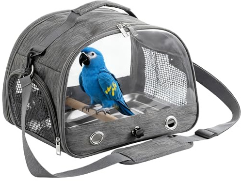 Bird Carry Bag with Stand Bar and Stainless Steel Tray, Bird Transport Box, Breathable Portable Bird Cage for Budgies / Parakeets / Small Animals, Bird Transport Box (Grey)