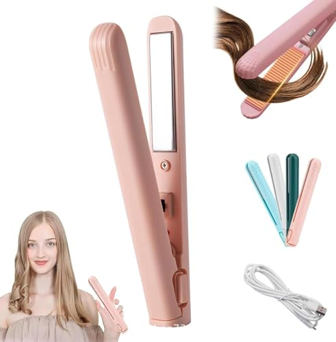 Mini Fer à Friser à Double Usage,Comb Petites Boucles, Mini à Friser Et Fer Plat, Baguette à Friser De Voyage Portable Pour Cheveux Courts Et Tous Types De Cheveux (Couleur rose1)