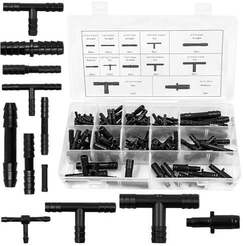 Set di 113 Connettori per Tubi, 12 Misure di Raccordi a T, Dritti e Riduttori, Kit di Collegamento per Tubi da Giardino, Irrigazione, Acquari e Sistemi d’Acqua