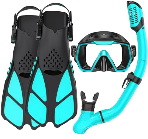 Adults Mask Snorkel Fins Set, Snorkeling Gear for Adult with Fins, Snorkel Sets with Flippers, Adult Anti Leak Scuba Gear with Adjustable Fins Diving Mask Full Dry Top Snorkel with Travel Bags