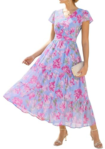 GRACE KARIN Women's Summer V-Neck Floral Dress with Pockets Ruffle Sleeves A-Line Fitted Waist Dresses
