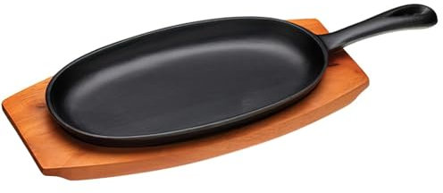 KitchenCraft World of Flavours Japanese Teppanyaki Grill Platter, Cast Iron Sizzling Plate with Wooden Base, 36 x 14.5 x 3.5 cm , Black