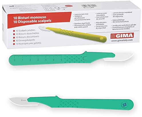 GIMA Bisturi in Acciaio Inox, Manico in ABS, Sterili e Monouso, Premium, Coprilama di Sicurezza, Misura n. 22, 10 Bisturi Singolarmente Confezionati