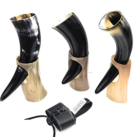 Viking Drinking Horn Mugs 10oz | Handmade Real Horn 9-12 Cups for Ale Wine Beer Chalice Norse Tankard THOR LOTR Vikings Style Gift for Men - Birthday Christmas Anniversary (Set of 3 Horn)