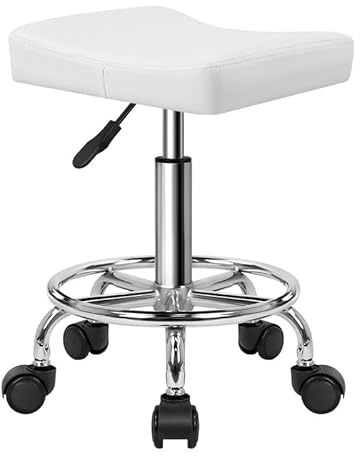KKTONER Square Rolling Stool PU Leather Height Adjustable Swivel Massage SPA Salon Stools Task Chair with Wheels (White)