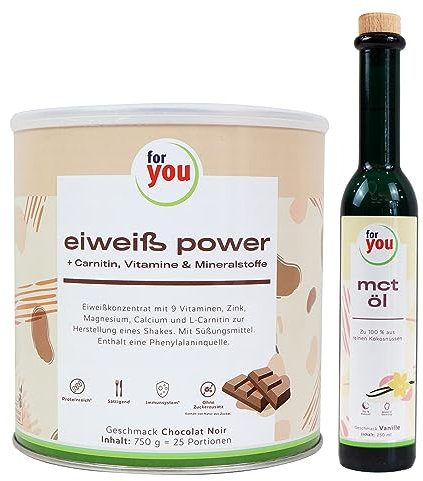 for you Power Eiweiß Schoko + MCT-Öl Vanille Set – Protein Pulver nach Dr. Strunz (750g) & 250ml MCT Öl aus 100% Kokosöl | Low Carb Energy Bundle mit L-Carnitin, Vitaminen & Mineralstoffen