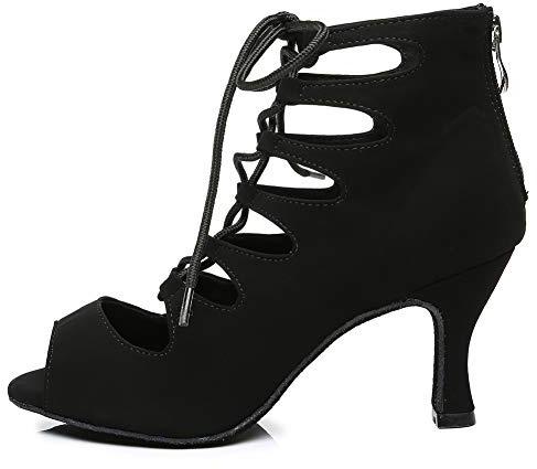 RUYBOZRY Botas de Baile Latino Mujer Botines Punta Abierta con Cordones Zapatos de Baile de Salon,YCL456-Negro-6,EU38