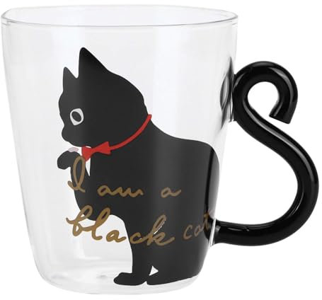 Taza de gato transparente, expreso de vidrio aislante de doble pared Vaso 300ML, Leche Mug asa de cola de gato, Taza Divertida del Gato Regalo Novedoso para café, leche, Té (Negro)