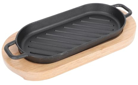 DOITOOL Cast Iron Steak Plate with Wooden Tray 10.62X4.92X0.78In Non-Stick Teppanyaki Grill Pan for Steak Eel Grilled Fish Bbq Serving