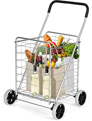 GYMAX Carrito Plegable 83 L, Carrito Multiusos Resistente con Asa y Ruedas Grandes, Carrito Versátil con Cesta de Metal para Almacenes, Supermercados y Lavandería (Plata)