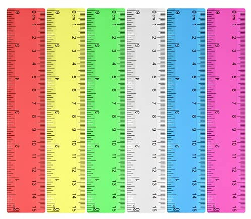 Suofuolef 6 Stück 15 cm/6 Zoll Kunststoff Lineal, Bunt Transparent Lineal mit Zentimetern und Zoll für Schule, Büro, Zuhause