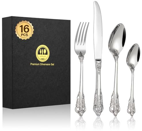 BEWOS 16 Piece Silver Palace Cutlery Set, Premium Stainless Steel Cutlery, Embossed Design Handles, Family and Banquet Knife and Fork Sets, Stunning Polished & Gift Wrapped, Dishwasher Safe