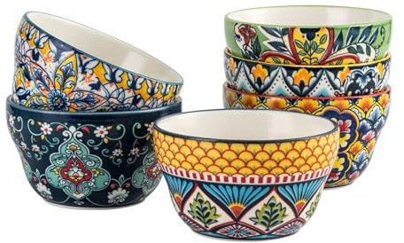 HENXFEN LEAD Kleine Dessertschalen 200ml, 6er Set Bouillon-Tassen aus Porzellan, Bouillonbecher in Bunte für Suppe, Eiscreme, Obst, Snacks - Bohemian Style