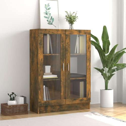 Willood Vitrinenschrank Bücherschrank Aktenschrank Büroschrank Vitrine Schrank Bücherregal Sideboard Räuchereiche 82,5x30,5x115 cm Holzwerkstoff