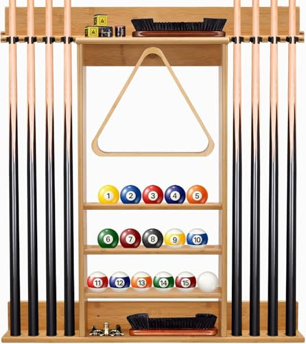 FoverOne Pool Cue Rack, Bamboo Pool Sticks Holder Wall Mount, Holds 8 Cues and Full Set of Balls, Pool Table Accessories Organizer for Billiard Room or Club