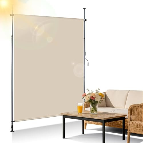 Ollewiellan Tenda da sole verticale con morsetto esterno, 150 x 270 cm, allungabile, tenda da sole verticale con manovella senza fori, protezione per balcone e terrazza, colore beige