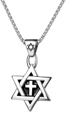 JewelryWe Collar Cruz Estrella de David: Colgante de Estrella Hexagonal de Acero Inoxidable Plata Joyería Judía Israelí Para Hombre y Mujer - Para Uso Diario Colecciones Regalo