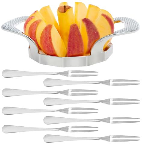 Affettatrice per mele, in acciaio inox, con 8 forchette da frutta in acciaio inox, taglia-mela, spaccalegna ad alte prestazioni, versatile, per 12 pezzi uniformi (argento)