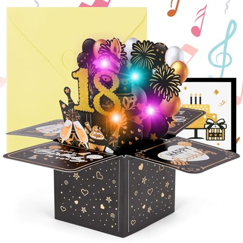 OFFCUP 18 Ans Carte d'anniversaire, Pop-up 3D 18e Carte Anniversaire Musicale, Bougie à Souffler Music Lumière avec Enveloppe,Cadeau d'anniversaire pour Homme Femme Famille Amis, Noir