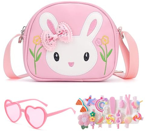 Little Girls Handbag Set, Adorable Rabbit Crossbody Bag with Heart-Shaped Sunglasses and 14 Bow Hair Clips, Cute Rabbit Girls' Shoulder Bags with Adjustable Strap for Birthday Gifts and Toys(Pink)