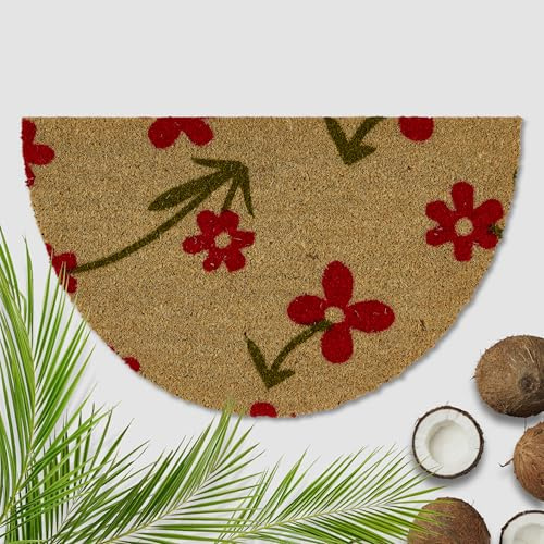Felpudo exterior flores rojo coco 40 x 60 cm semicircular natural – 16 mm – Felpudo de coco exterior e interior – Felpudo antideslizante – Felpudo antisuciedad resistente