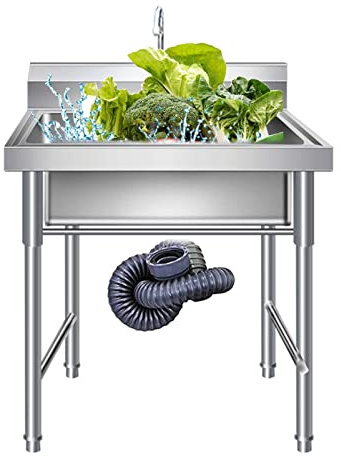 Lavello di Servizio in Acciaio Inox per Cucina Commerciale, lavello Indipendente a Vasca Singola con Rubinetto per Lavanderia Esterna, Bar, Ristorante, Catering