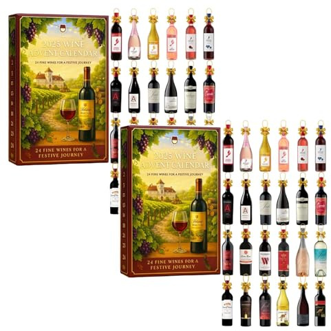 Calendario de Adviento de vino 2025 y 2025, calendario de Adviento de vino de 24 días de Navidad, un viaje diario de degustación a través de los diversos sabores de los vinos (2 piezas)