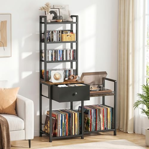 ikkle CD Rack with Vinyl Storage, 7-Tier DVD Storage Unit with Drawer | Media Storage Rack for CD/DVD, Books & Games, Record Player Stand Vinyl Holder for Living Room, Bedroom, Office
