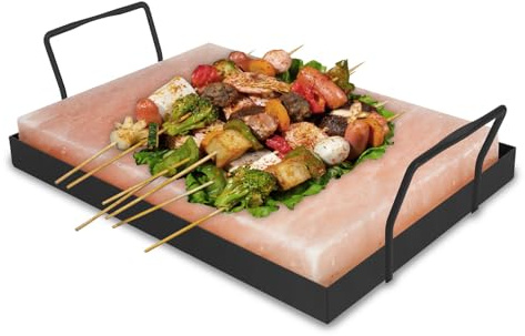 Jaxguom 1x pack XXL saltsten för grillning, 20 x 30 x 3 cm salt grillstenar med järnplatta, återanvändbar saltgrillsten, original kristallsalt från förberedelsen, saltplatta för grillning för BBQ