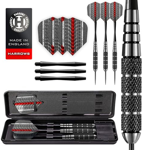 Harrows Black Jack Darts-Set mit Edelstahlspitze, 18 g, 20 g, 22 g und 24 g – inklusive Speedline-Schäften, Supergrip-Flights und Reiseetui (20 Grams)