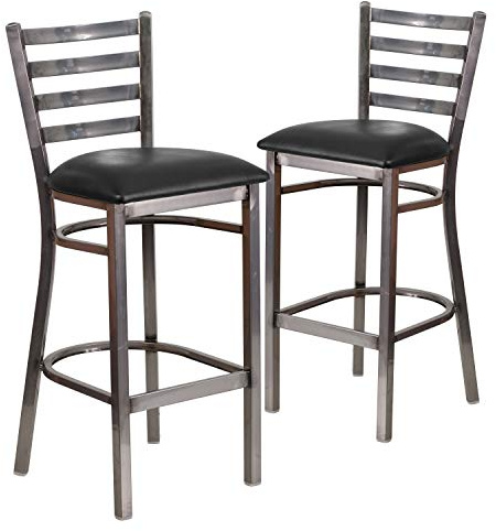 Flash Furniture 2 Pack HERCULES Series Silver Antique Finish with Clear Coat Ladder Back Metal Restaurant Barstool - Black Vinyl Seat