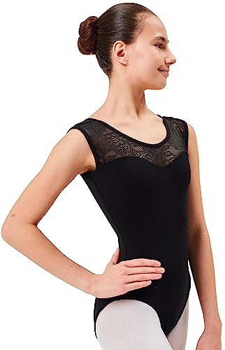 tanzmuster Ballettanzug Mädchen ärmellos - Cora - aus weichem Baumwollmaterial mit Spitzeneinsatz vorn Trikot Ballettbody fürs Kinder Ballett in schwarz, Größe:128/134