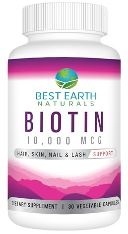 Best Earth Naturals Biotin 10,000mcg - Extra Strength Biotin Vitamin Supplement to Support Hair Growth, Strong Nails, Long Eye Lashes and Healthy Skin