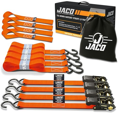 JACO Ratchet Tie Down Straps - 1 inch x 15 ft (Pack of 4) | 1,823 lbs (Orange)