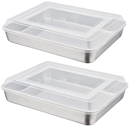 P&P CHEF Stainless Steel Baking Pan with Lid, Rectangular Cake Pans, Sheet Pan Bakeware for Baking Lasagna Brownies, 2-Inch Deep Side & Heavy Duty, Easy to Store & Clean (12.3, 4Pcs)