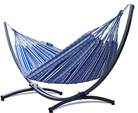 Potenza Outdoor Hängematte mit Gestell für 2 Personen I Pereira - 100% Baumwolle Doppelhängematte 230x160 cm, 200kg I Hängemattengestell 220kg, wetterfest (Baltica, Basic Gestell Graphit)