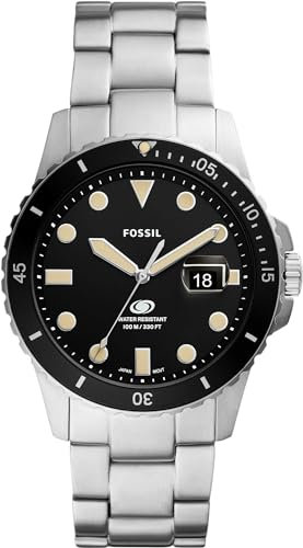 Fossil Blue uhr für Herren, Quarzwerk mit Edelstahl- oder Lederarmband, Schwarz und Silberton, 42MM