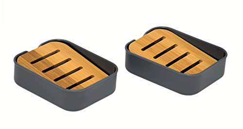 simplywire - Paquete de 2 - Jaboneras de plástico con Estante Inclinado de bambú Natural - Jaboneras de baño - Gris