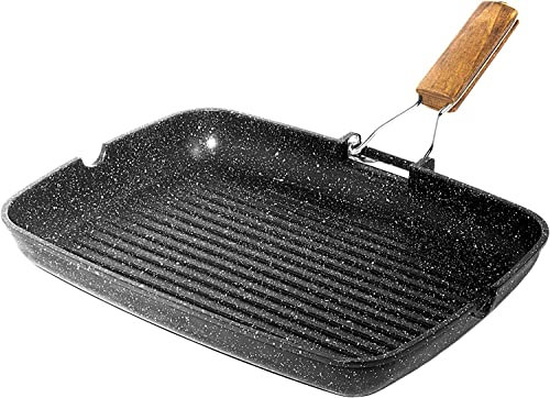 LA CASA DI EVA Bistecchiera Antiaderente Pietra - made in Italy - Manico Pieghevole Salvaspazio - 36cm x 23cm Griglia Rettangolare in Alluminio Pressofuso - Nera - Piastra per Cucinare sui Fornelli
