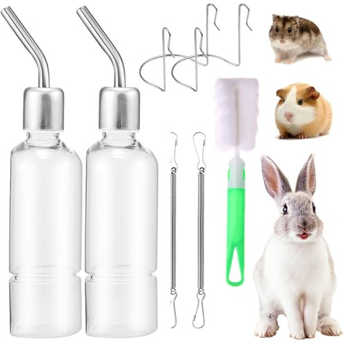 Kaninchen Tränke Trinkflasche tropffrei – Kaninchentränke, Nagertränke & Kleintiertränke mit Halterung | hängender Wasserspender mit Nippelflasche, Winterfest (350ml x 2)