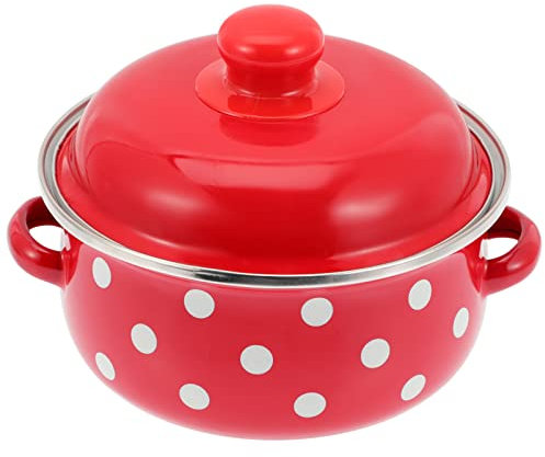 ANSNOW Doppelohr-Emaille-Suppentopf, Salat-Rührschüsseln, Tragbarer Dampfgarer, Suppentopf Mit Deckel, Keramik-Kochtopf, Dampfgarer, Backform, Kochbedarf, Altmodischer Heiztopf, Baby/Rot Und Weiß