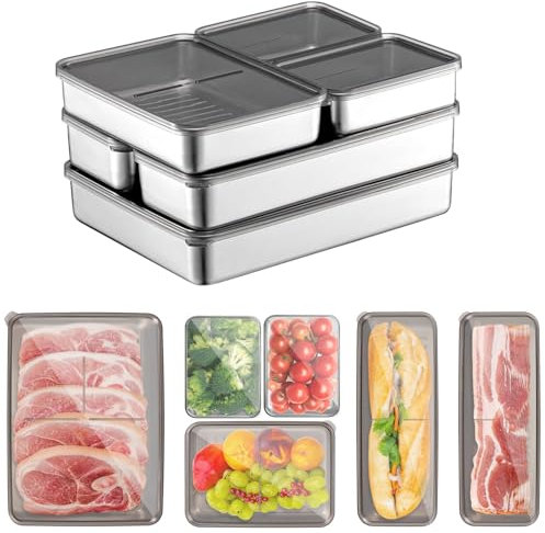 Kongming Aufschnittboxen für Kühlschrank, Aufschnittbox Stapelbare, Aufschnittdosen Vorratsdosen mit Deckel Luftdicht zur Aufbewahrung von Käse Fleisch Wurst Obst (Edelstahl, Set mit 6)