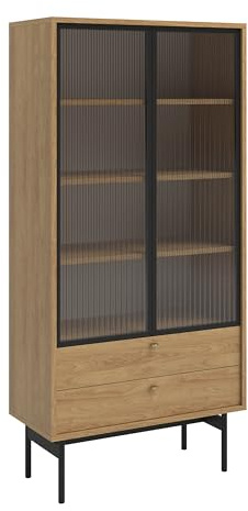 Selsey Vitrine Glas Vitrinenschrank Glasvitrine Wohnzimmer Glastür Hoch 85 cm 2 Schubladen 4 Fächer Hickoryholz Natur Olar