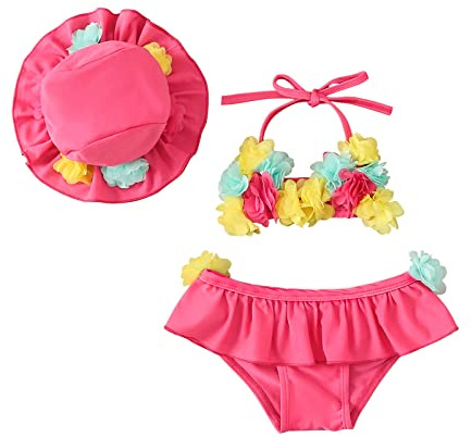 CocMouse Infant Baby Girl 3Pcs Swimsuit Baby Girl Flower Bathing Suit Halter Triangle Tops Layered Ruffle Bottoms Sun Hat Bikini Set Baby Girl Swimwear (Rosy, 18-24 Months)