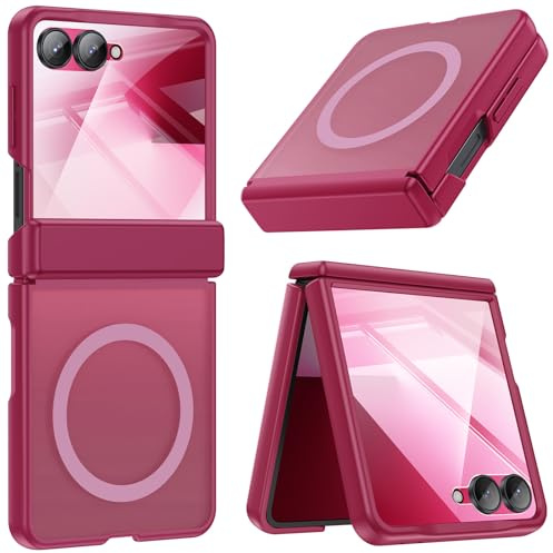 spoovcto for Samsung Galaxy Z Flip 7 Translucent Case: Compatible with MagSafe, TPU Heavy Duty Hinge Protection, 9H Screen Protector, Magnetic Shockproof Protective Phone Cover for Flip7 2025, Red
