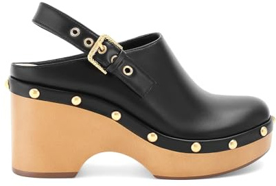 OMLISHZTY Women’s Leather Studded Clogs Closed Toe Slip on Vintage Platform Mules Wedge Heel Fall Buckle Slingback Shoes Daily Comfortable Casual Slides Shoes Black