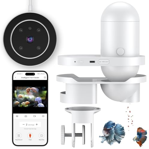 Pawfly Distributeur Nourriture Poisson avec WiFi et Application Caméra HD 2.5K Minuterie Réservoir 230 ML pour Vacances Compatible Granulés/Poudre/Petits Piliers Alimentation USB